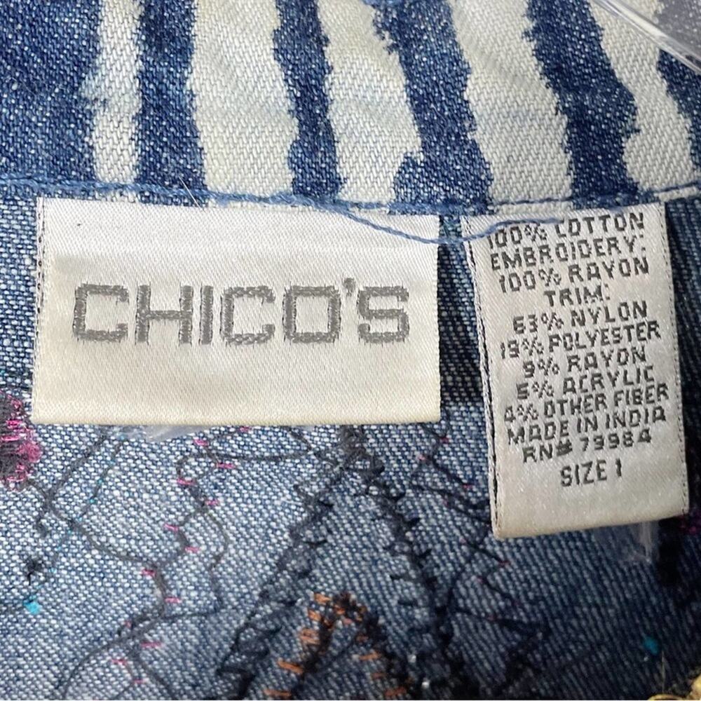 Vintage Chico’s Scrap Art Denim Jacket Multicolor Embroidery Medium (Size 1) - Picture 2 of 12